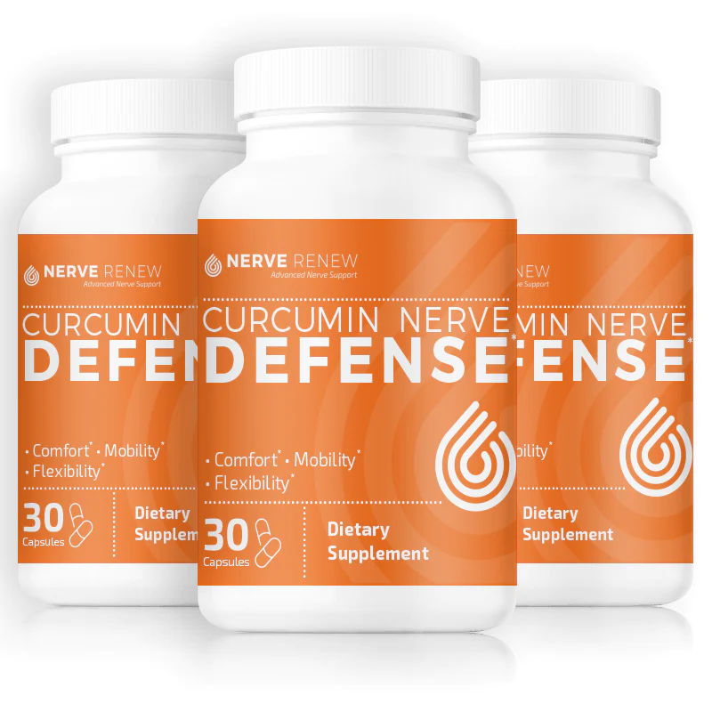 Curcumin Nerve Defense (3 bottles) for robust nerve protection and health. Contains curcumin, known for its anti-inflammatory and neuroprotective properties. Patented Meriva Curcumin absorbs 29x better than traditional curcumin blends for more effective nerve pain relief.