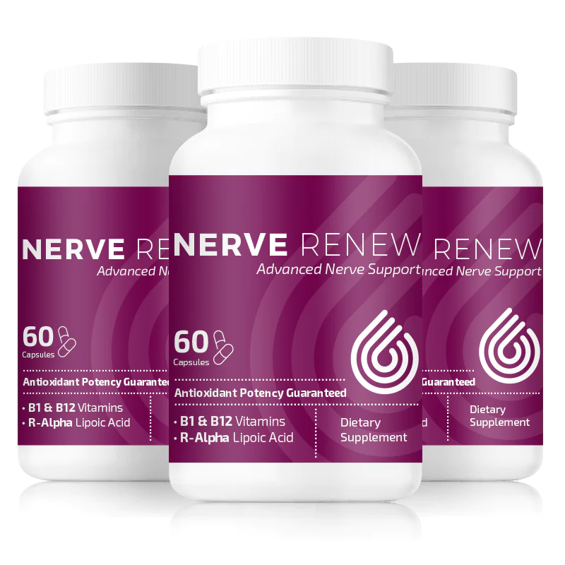 3 bottles of Nerve Renew Advanced Nerve Support supplement for nerve health enhancement. Contains B12, Benfotiamine, Stabilized R alpha lipoic acid and more to support nerve health and reduce nerve pain or numbness.
