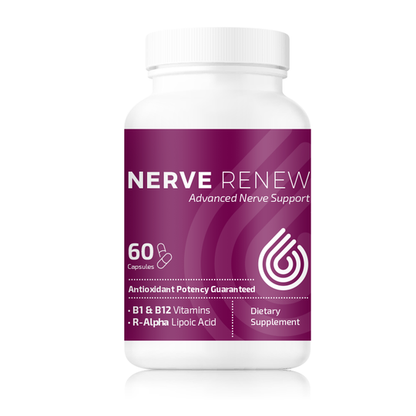 Bottle of Nerve Renew Advanced Nerve Support supplement for nerve health enhancement. Contains B12, Benfotiamine, Stabilized R alpha lipoic acid and more to support nerve health and reduce nerve pain or numbness.