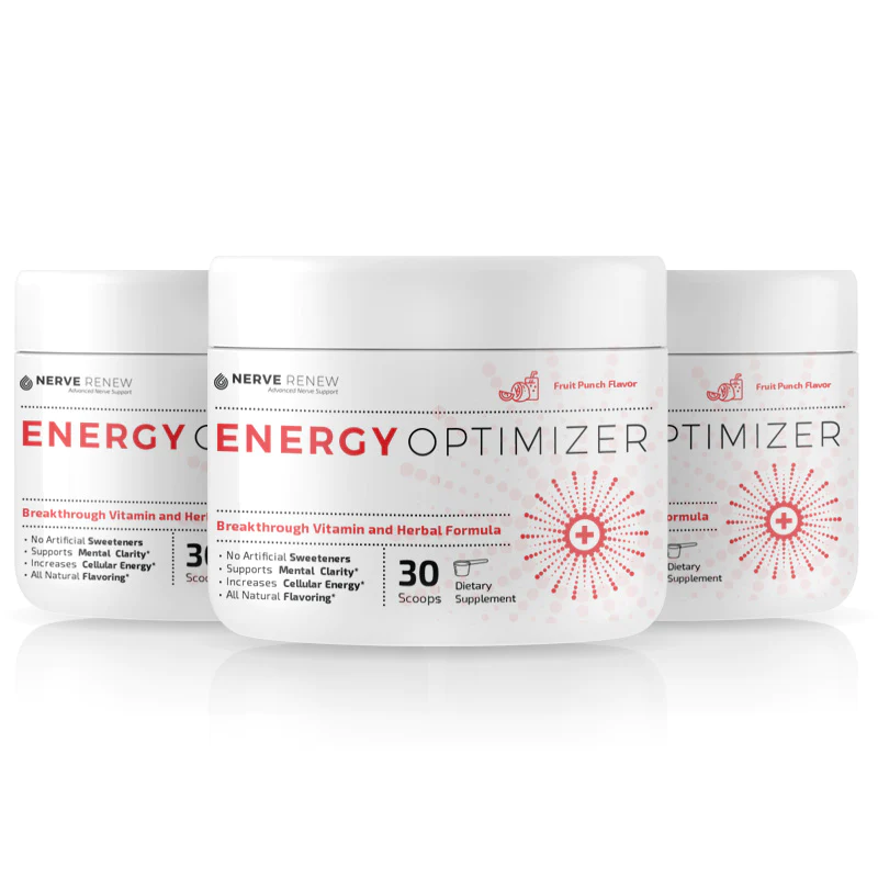 Energy Optimizer (3 bottles), safe and effective energy boost for those with nerve pain. Carefully selected ingredients boost energy without overstimulating sensitive nerves, ensuring a balanced energy increase suitable for nerve pain sufferers. Formulated with natural ingredients like B vitamins and green tea extract for energy and focus.