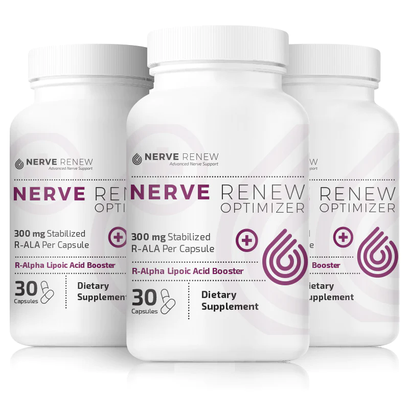 Nerve Renew Optimizer (3 bottles) with Fortified R-ALA for enhanced nerve support. R-Alpha Lipoic Acid aids in nerve repair and provides antioxidant support.
