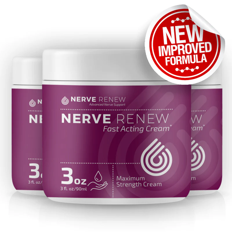 Nerve Renew Maximum Strength Cream (3 bottles) for topical nerve pain relief. Specially formulated to penetrate skin’s natural barriers for deeper absorption to target nerves. Safe and effective ingredients to relieve nerve pain, burning, tingling, and numbness.