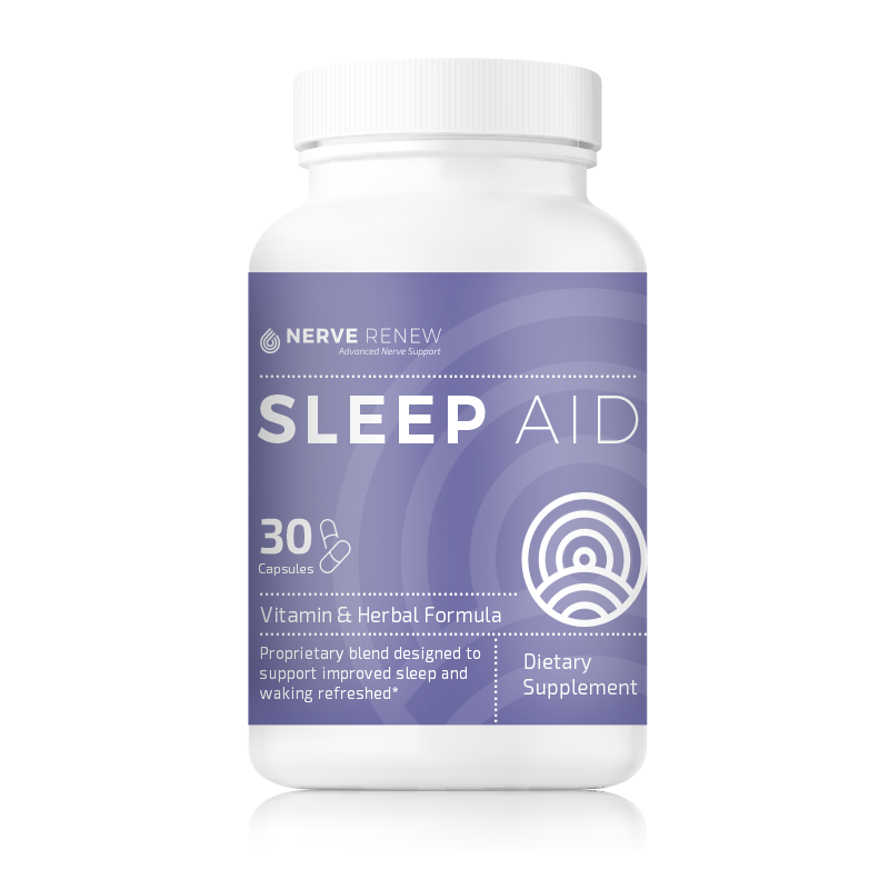 Herbal Sleep Aid bottle for enhanced sleep, especially beneficial for those with nerve pain. Designed to promote deeper, more restful sleep, aiding in the relief of discomfort associated with nerve pain.
